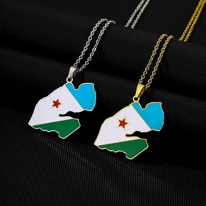 Collier carte de Djibouti en acier inoxydable émaillé pour homme et femme bijou ethnique patriotique accessoire tendance à offrir pour événements spéciaux