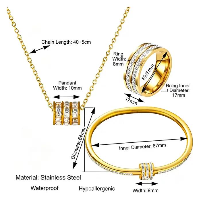 Ensemble de bijoux dorés avec accents en cristal pour femmes, collier, bague et bracelet, bijoux classiques hypoallergéniques pour occasions spéciales