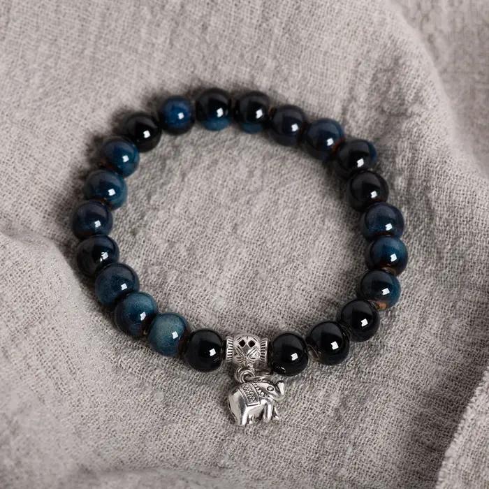 Bracelet Éléphant en Céramique Fait Main Style Boho Pierres Précieuses Perles Bleues Unisexes Occasions Spéciales