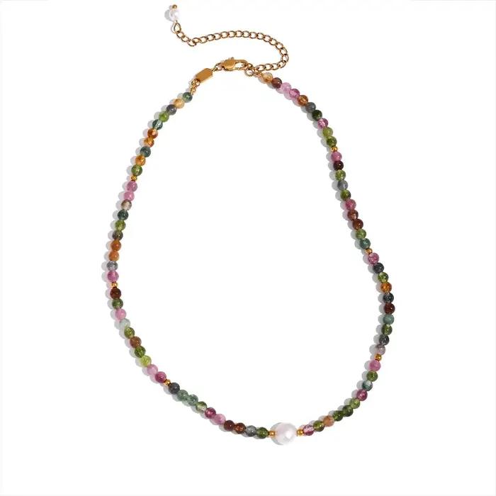 Pendentif Tourmaline Naturelle Multicolore Bijoux Luxe Femme Collier en Acier Inoxydable à la Mode Occasions Spéciales