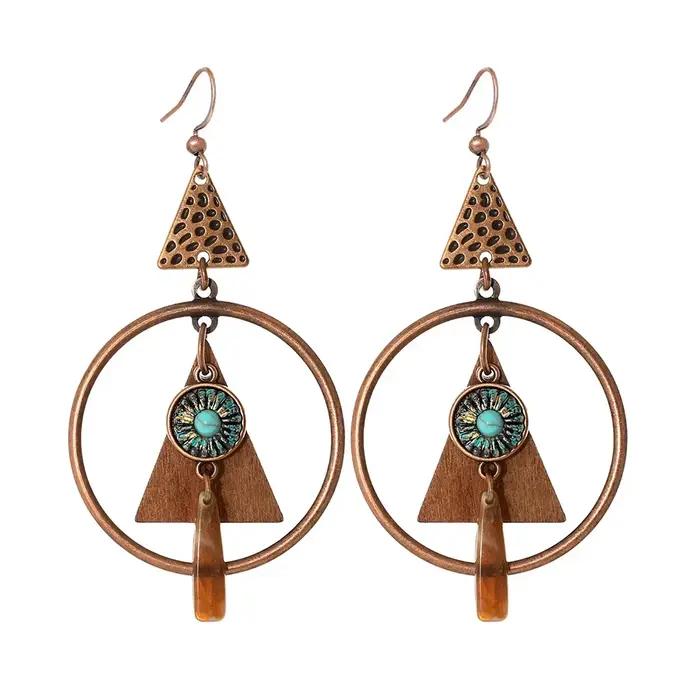 Nouvelles boucles d'oreilles rondes géométriques ethniques pour femmes, couleur or, perles métalliques, pompon, turquoise, boucles d'oreilles bohèmes, bijoux indiens