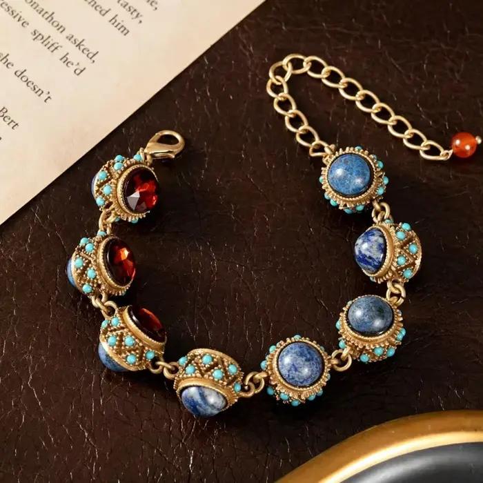 Bracelet bohème vintage pour femmes avec pierres précieuses rouges et turquoise bijou ethnique rétro occasions spéciales