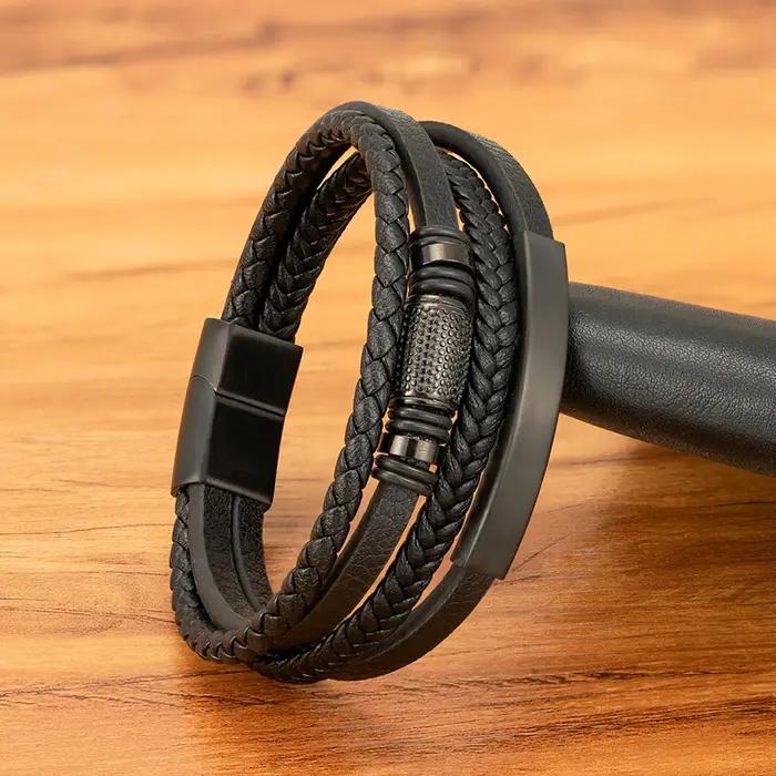 Bracelet en cuir corde tressée multicouche avec acier inoxydable pour hommes et femmes styles hip-hop rock occasionnels