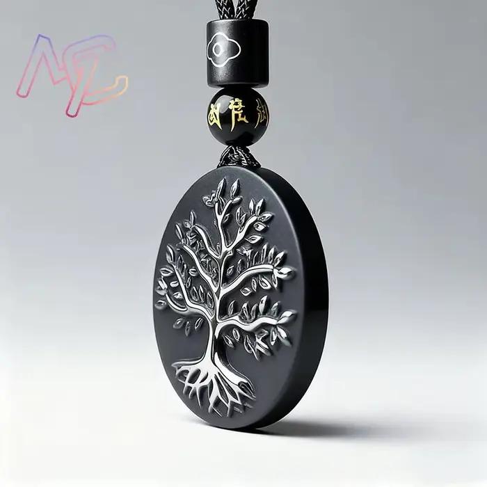 Collier pendentif arbre de vie en obsidienne véritable sculpté, cadeaux Vintage pour femmes, pierres précieuses naturelles, bijoux de charme de créateur de mode