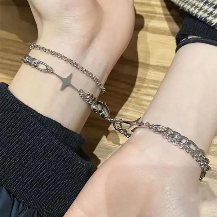 Mode argent couleur amour coeur aimant boucle Couple Bracelets pour femme