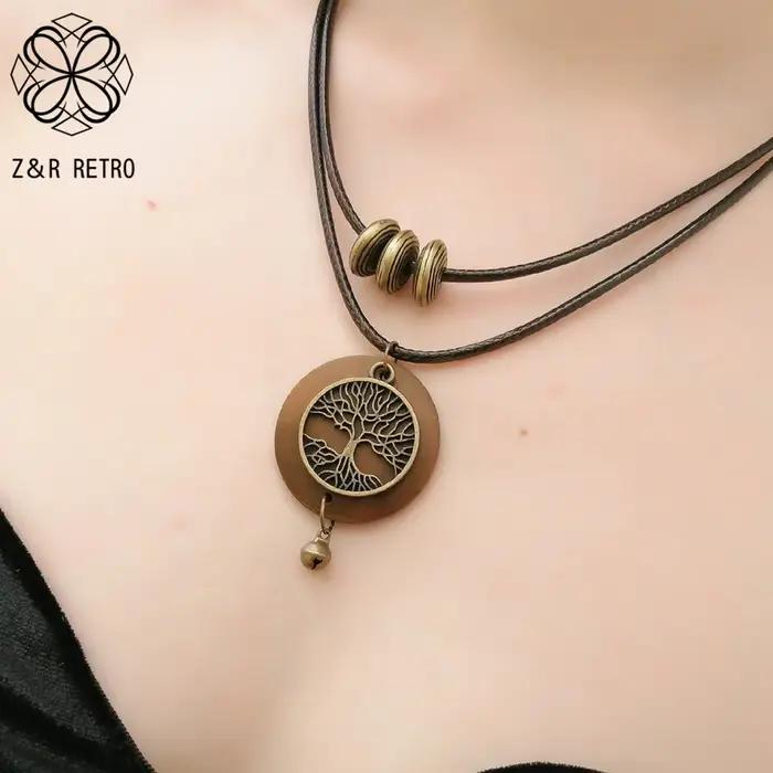 Tour de cou vintage arbre de vie en bois pour femme, collier Goth EquiSuspension, bijoux fantaisie,