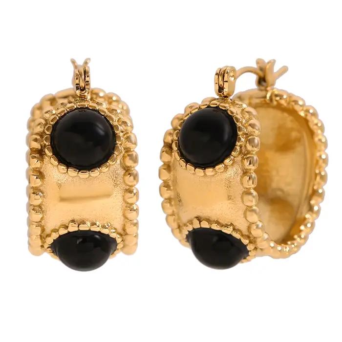 Boucles d'Oreilles Créoles Rétro en Acier Inoxydable 316L avec Bordure Perlée en Agate Plaquée Or 18 Carats Bijoux Étanches Pour Femme Usage Quotidien Occasions Spéciales
