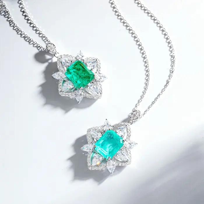 Vinregem émeraude Paraiba Tourmaline haute teneur en carbone diamant gemmes pendentif colliers solide 925 en argent Sterling bijoux fins en gros