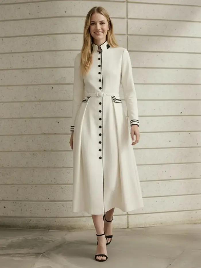 Robe plissée élégante Freeacy pour femme, col mandarin, ceinture, manches longues, coupe trapèze, pr
