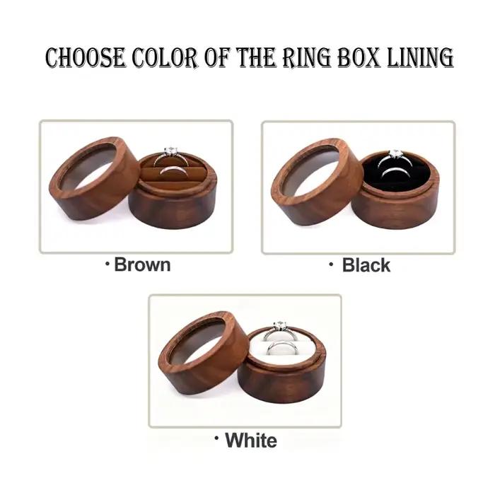 Boîte à alliances personnalisée ronde en bois avec fenêtre en verre pour demande en mariage et cadeaux d'anniversaire de mariage couleurs saphir profond jaune fluo kaki foncé