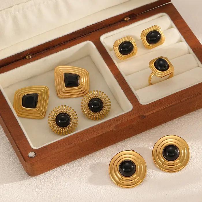 Ensemble d'accessoires de bijoux en acier inoxydable incrusté d'obsidienne pour femmes