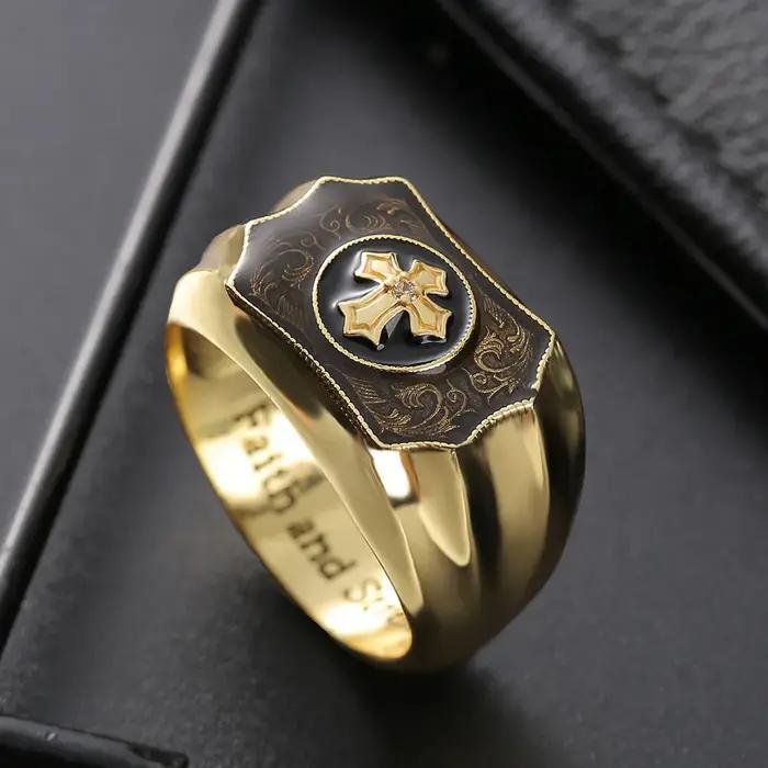 Bague en Agate Noire en Forme de Croix Punk pour Homme Occasions Spéciales Anniversaire Symbolisme Foi et Pouvoir
