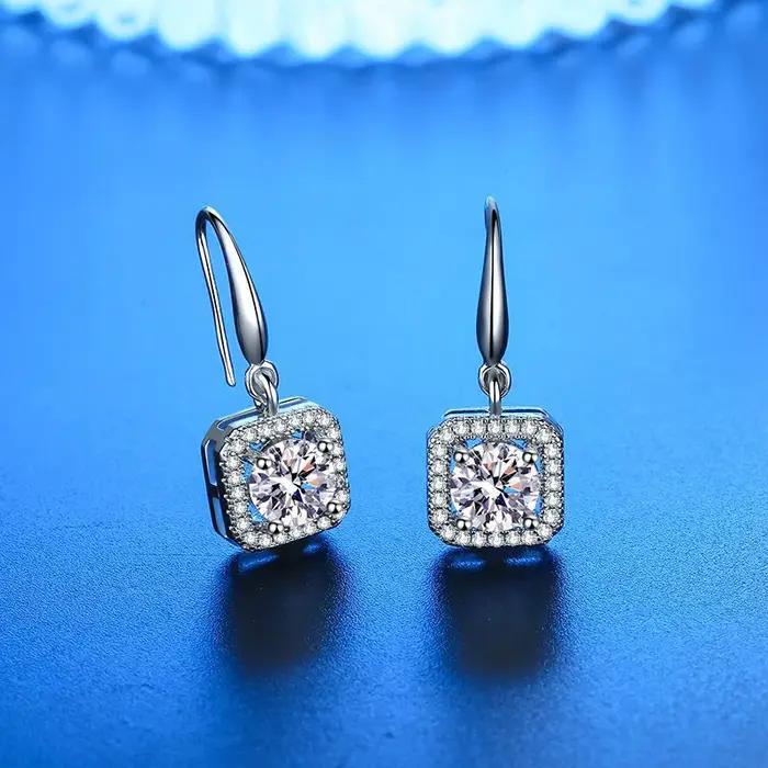 Nouvelle mode Fine 925 en argent Sterling Zircon rond et carré boucles d'oreilles femmes bijoux cadeau cristal luxe pendentif crochet oreille balancent
