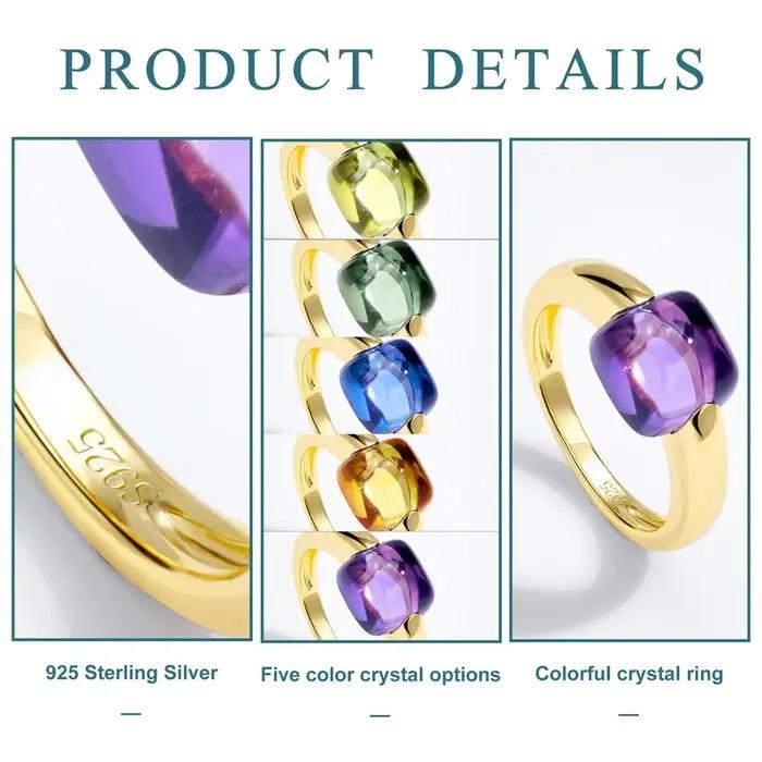 Bague carrée en argent Sterling 925 plaquée or 10K avec pierres précieuses incrustées pour femmes occasions spéciales cadeau de fête