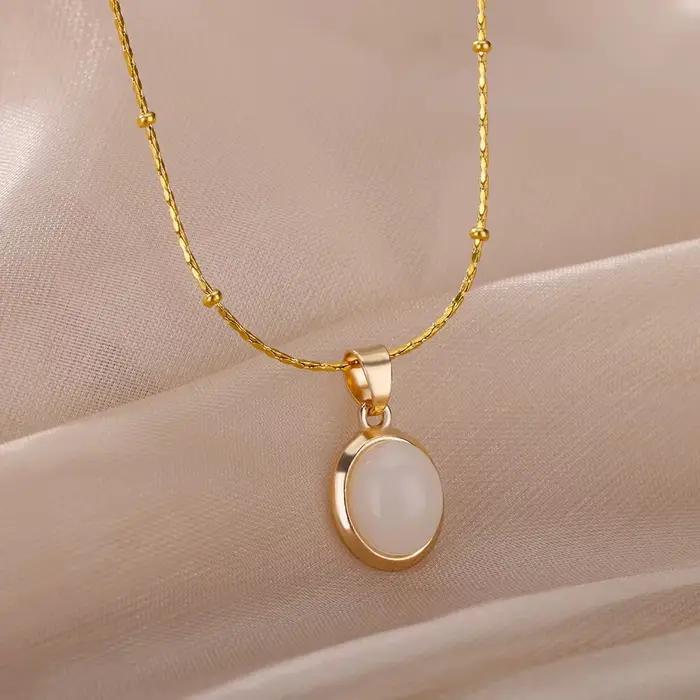 Collier ovale en pierre colorée en acier inoxydable or style classique tracker d'humeur pour femmes occasions spéciales anniversaire
