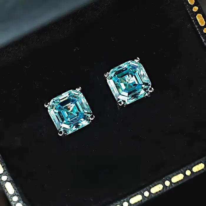 Boucles d'oreilles en argent 925, zircon bleu mer de 7mm, Asche Pagoda, petit carré, bonbon, petites et exquises, bijoux pour femmes
