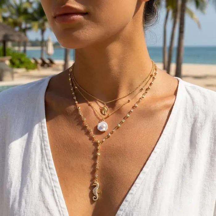 Collier Coquillage Hippocampe Superposé 3 Couches pour Femme – Élégant