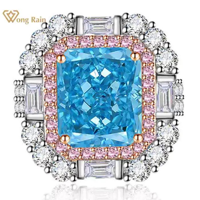 Wong Rain – bague réglable en argent Sterling 100% 925, 8 CT, coupe glace pilée, aigue-marine, diama