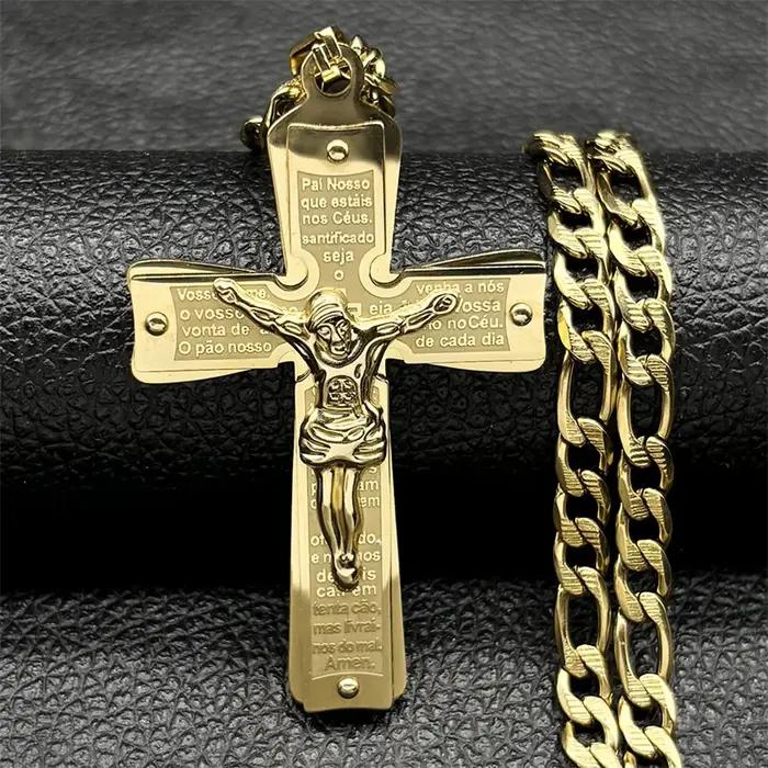 Collier Croix de Jésus en Acier Inoxydable Bijou Religieux Femme Homme Cadeau Anniversaire Fête Baptême Occasions Spéciales