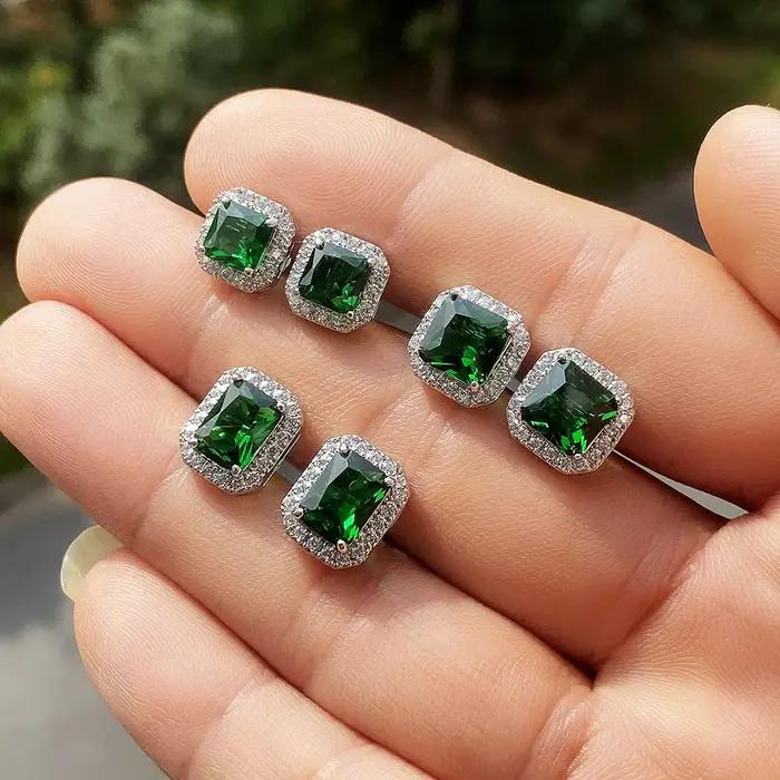 Mignon carré femme émeraude cristal vert boucles d'oreilles mode 925 en argent Sterling