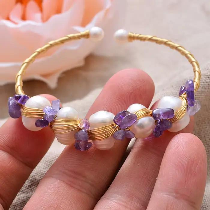 Bracelet en perles d'eau douce 100% naturelles et cristal violet