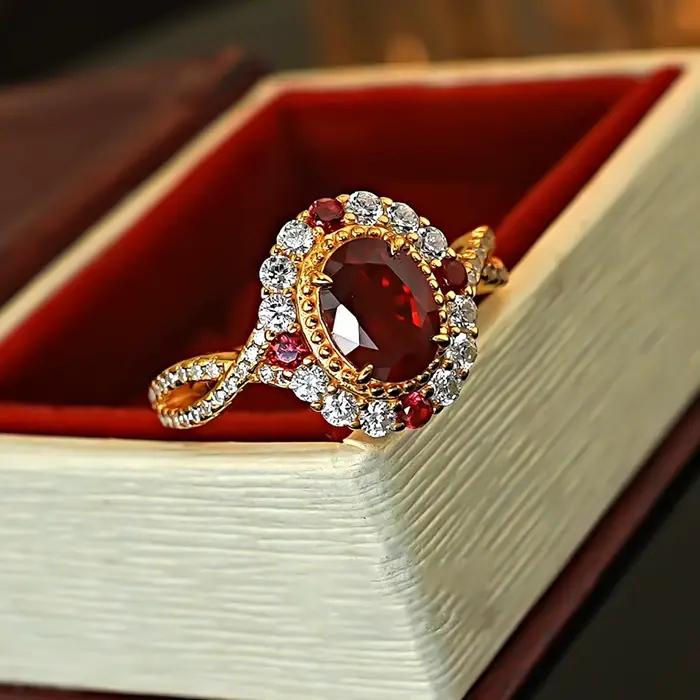 Vinregem 6*8MM taille ovale rubis haute teneur en carbone diamant gemmes bague Vintage pour les femmes 925 en argent Sterling fiançailles de mariage bijoux fins