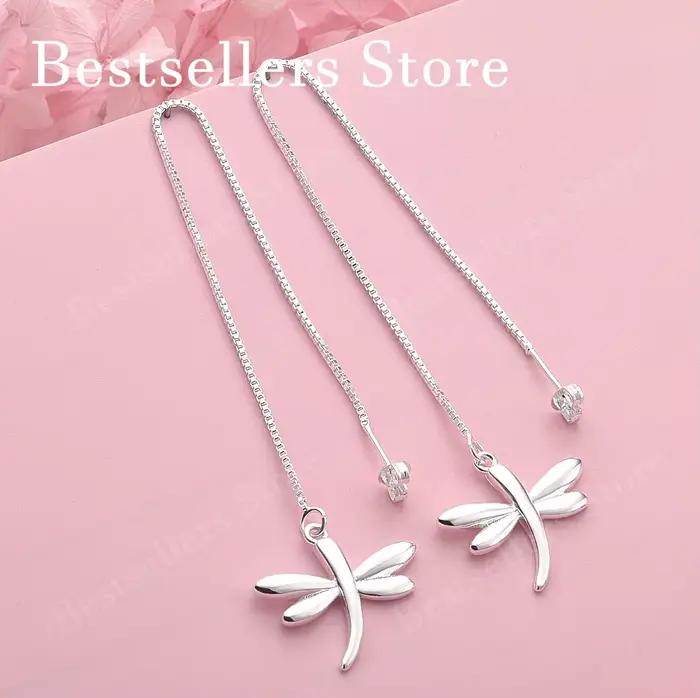 Boucles d'oreilles longues en argent sterling 925 avec motif libellule, charmantes et exquises, pour