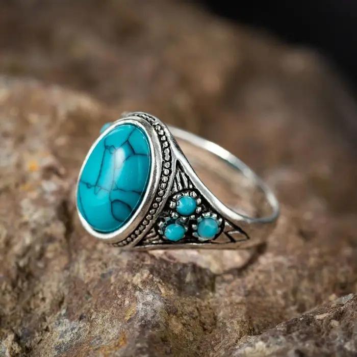 Bague en alliage plaqué argent turquoise pour femme
