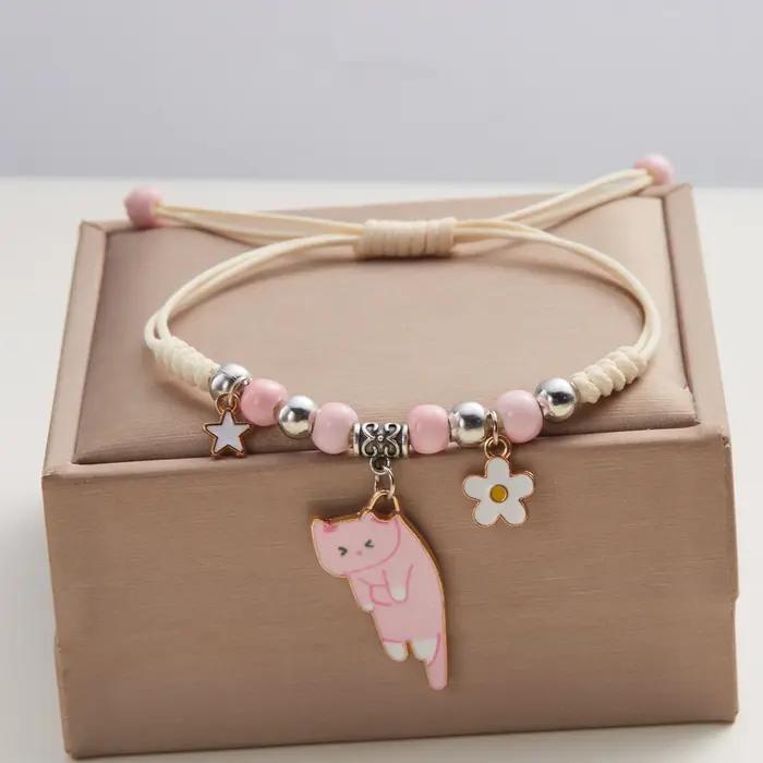 Bracelet en émail motif chat et fleur, style dessin animé, pour femmes et hommes, avec pendentif animal de compagnie, bracelet en corde fait main, bijoux d'amitié