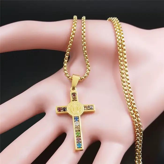 Collier en acier inoxydable avec croix de jésus catholique, pendentif en cristal de Saint benoît, vierge marie, Crucifix, colliers pour hommes, bijoux cruz