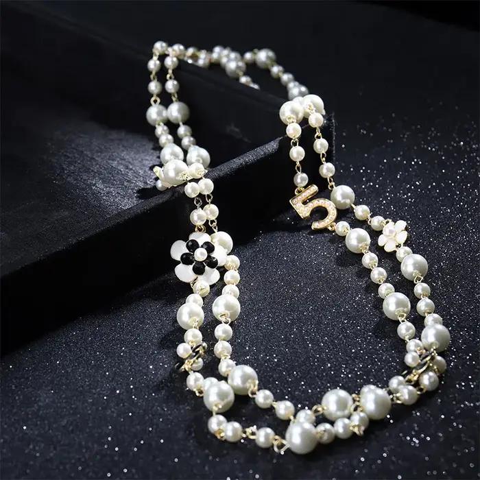 Pendentifs longs superposés camélia collier de perles Collares de moda fleur bijoux de fête