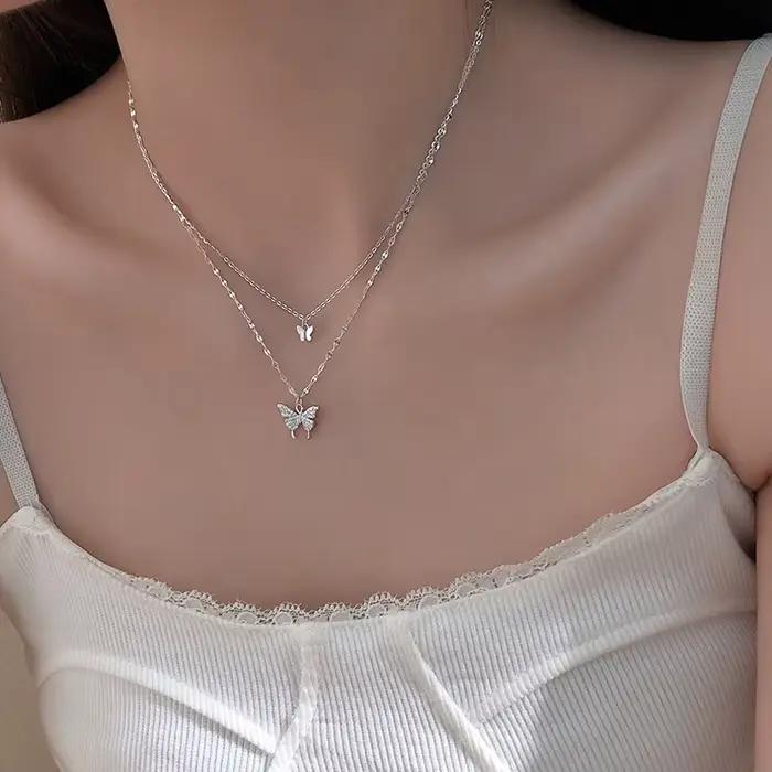 Collier papillon double couche en argent regardé S925 pour femme, accessoires de clavicule, frais, petit, brillant, INS