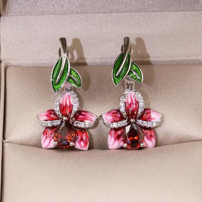 Petites boucles d'oreilles en émail rose pour femmes, bijoux français à crochet, boucles d'oreilles