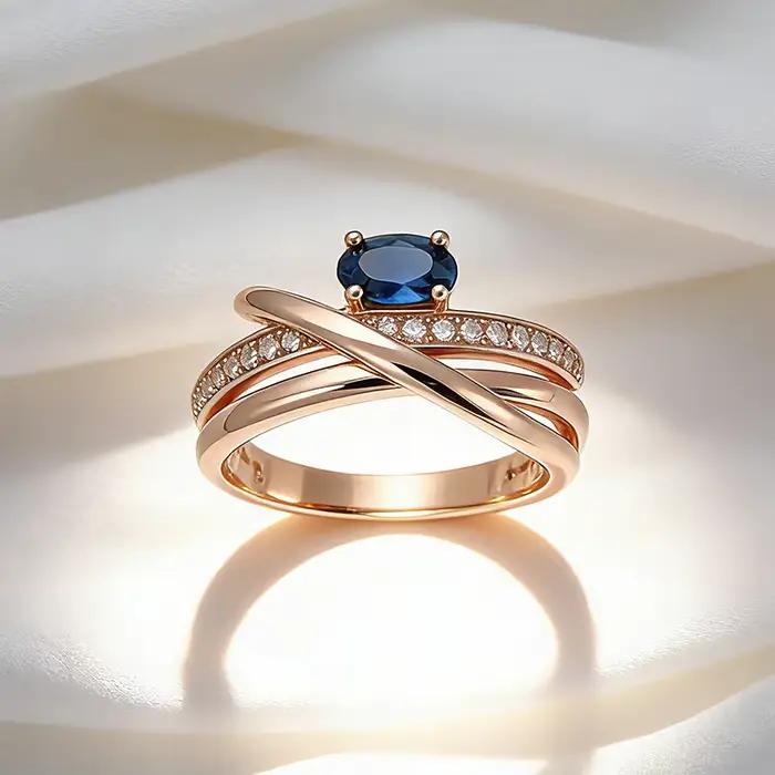 Bagues Croisées Inhabituelles en Or Rose 585 Serties de Zircon Naturel Bleu Brillant Élégantes pour Fêtes et Occasions Spéciales