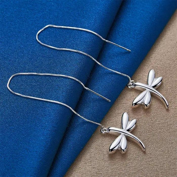 Boucles d'oreilles longues en argent sterling 925 avec motif libellule, charmantes et exquises, pour femmes, bijoux élégants pour cadeau de mariage
