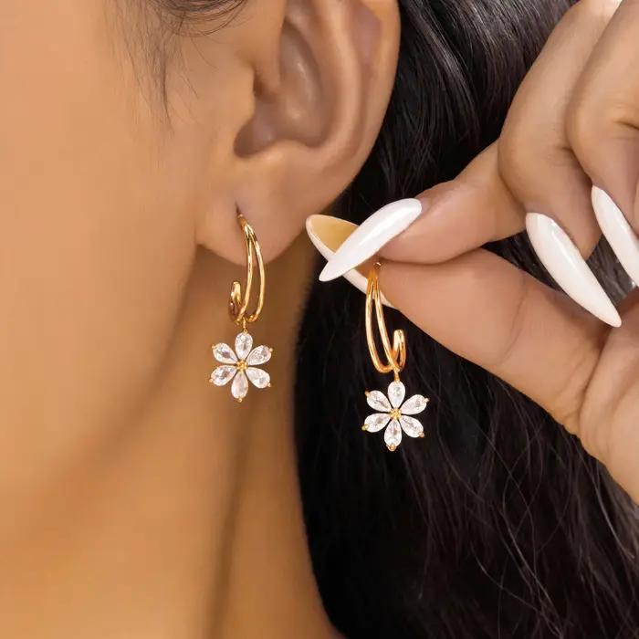 Boucles d'oreilles pendantes en forme de fleur en Zircon pour femmes, bijoux délicats en forme de C,