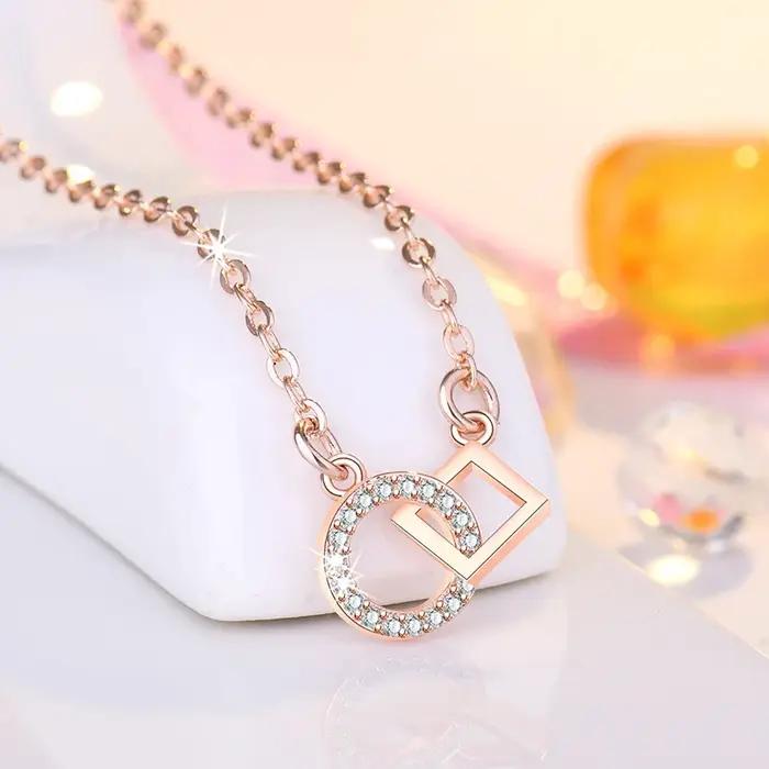 Pendentif rond et carré en argent sterling 925 et or rose avec design géométrique pour femmes, bijou moderne pour soirées et occasions spéciales