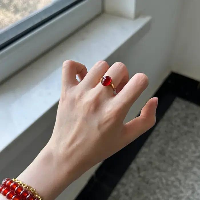 Bagues simples rétro en calcédoine naturelle rouge pour femmes