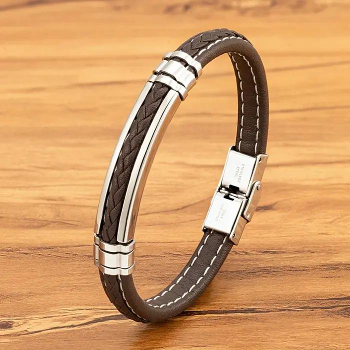 TYO mode tissé en cuir véritable métal acier inoxydable boucle de sécurité Bracelet hommes