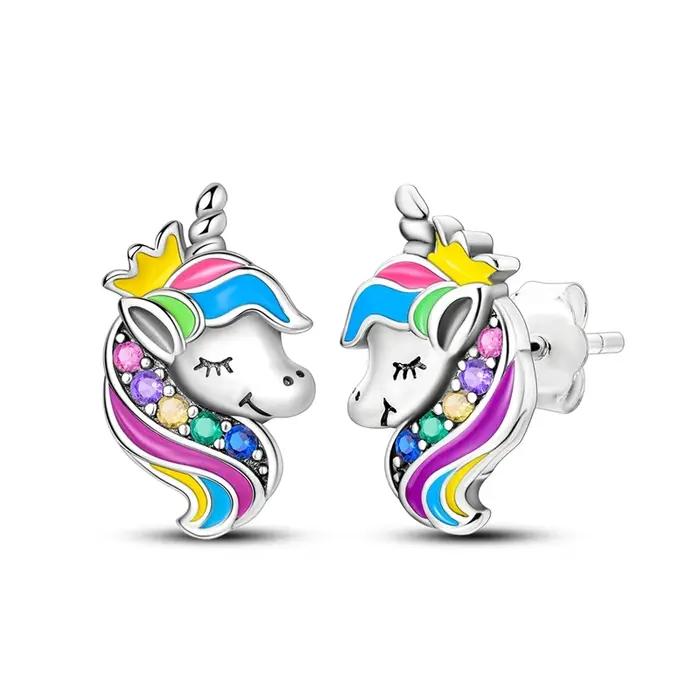 Boucles d'oreilles couronne licorne en argent Sterling 925 pour femmes, boucles d'oreilles colorées