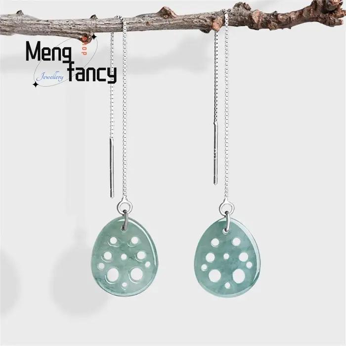Boucles d'oreilles en jadéite naturelle, racine de Lotus d'eau bleue, fil d'oreille en argent S925,