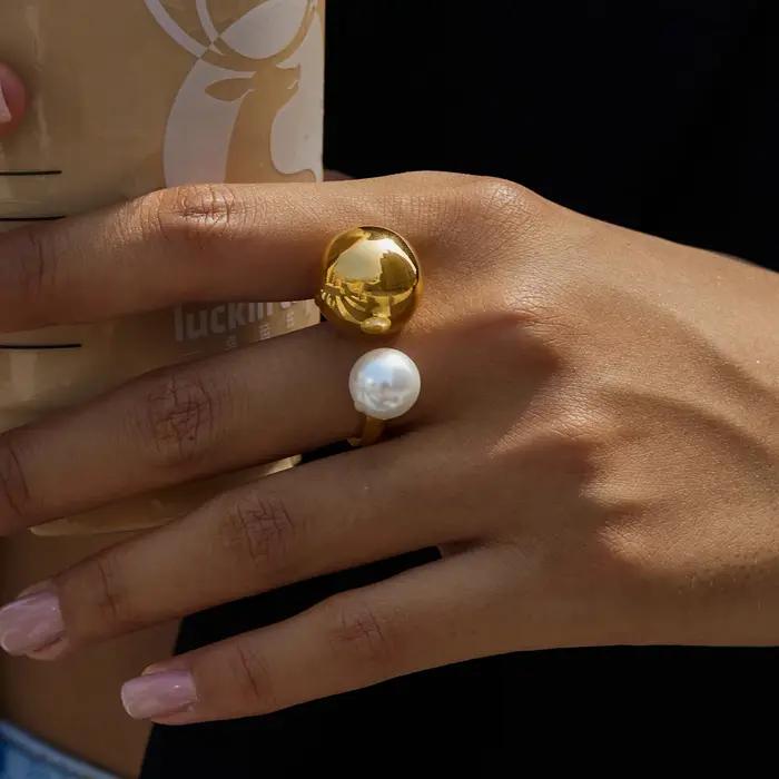 Yori mode Imitation perle métal PVD plaqué géométrique bague nouveautés haute qualité Texture bijoux 2025 cadeau