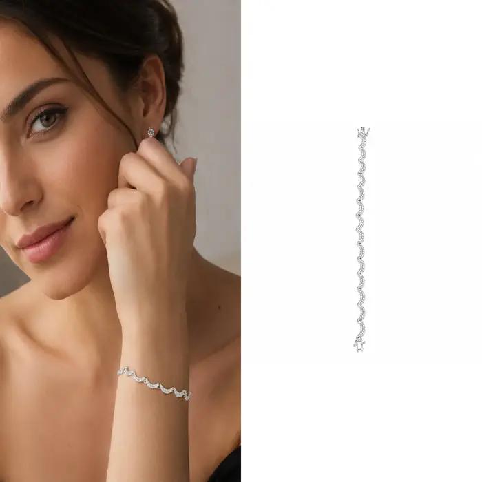 Bracelet tennis serpent de luxe pour femme en acier inoxydable argenté avec cristaux