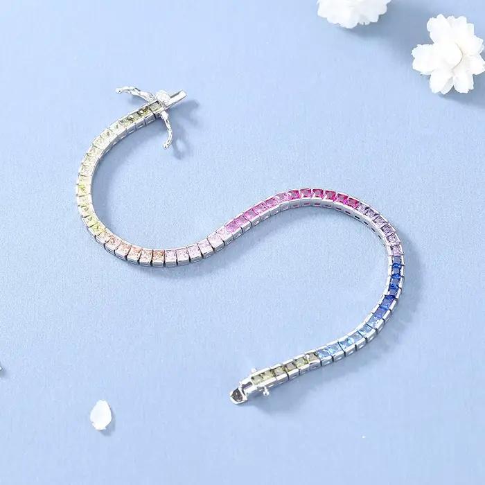 Bracelet de tennis en argent pur pour femme, 17.5 cm, carré de 4 mm de large, 2.5x2.5mm, Bling Rainbow Zunderes, Real 925 Jewelry