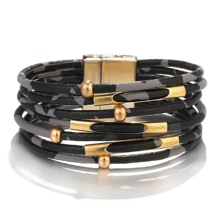 ALLYES Bracelet en cuir léopard bijoux mode femmes Tube en métal dames large Boho multicouche Bracelets d'enveloppement et Bracelets