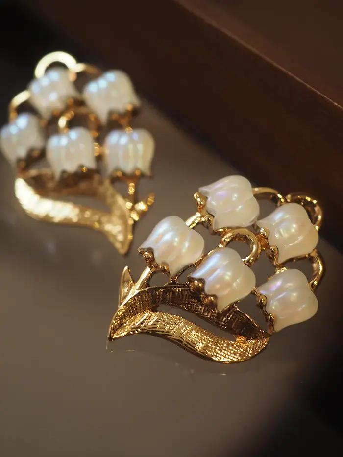 Belle Epoque Lily Of The Valley Ensemble de bijoux vintage en or 14 carats rempli de calcédoine florale