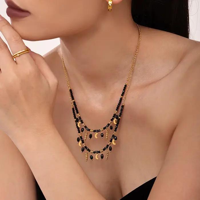 Collier chic en acier inoxydable noir avec cristaux pour femme