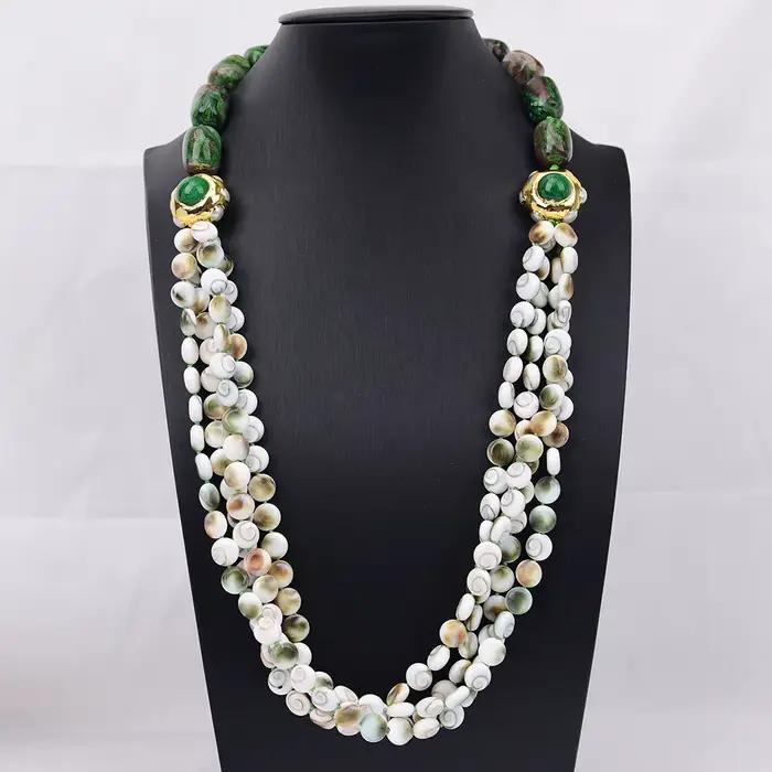Collier G-G 4 rangs en agate mexicaine Crazy Lace verte naturelle, coquille de palourde, pièce de mo