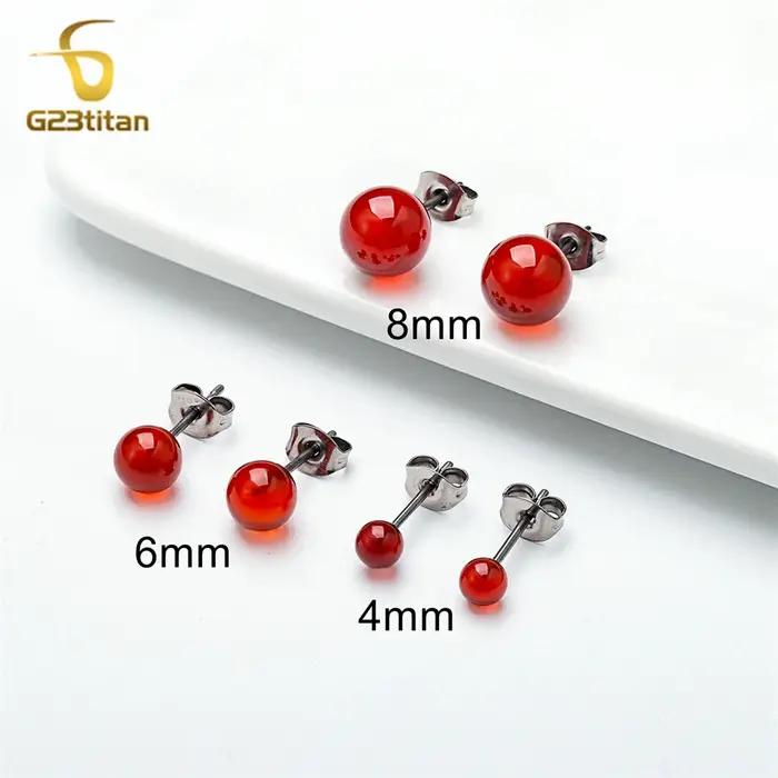 Charmantes boucles d'oreilles en pierre de cornaline rouge pour femmes, clous d'oreille en titane mé