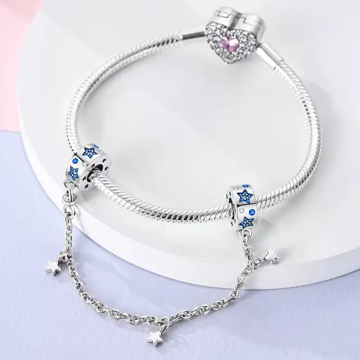 Chaîne de sécurité en argent 925, motif bande de cœurs, perles de charme pour bracelet original, bijoux DIY